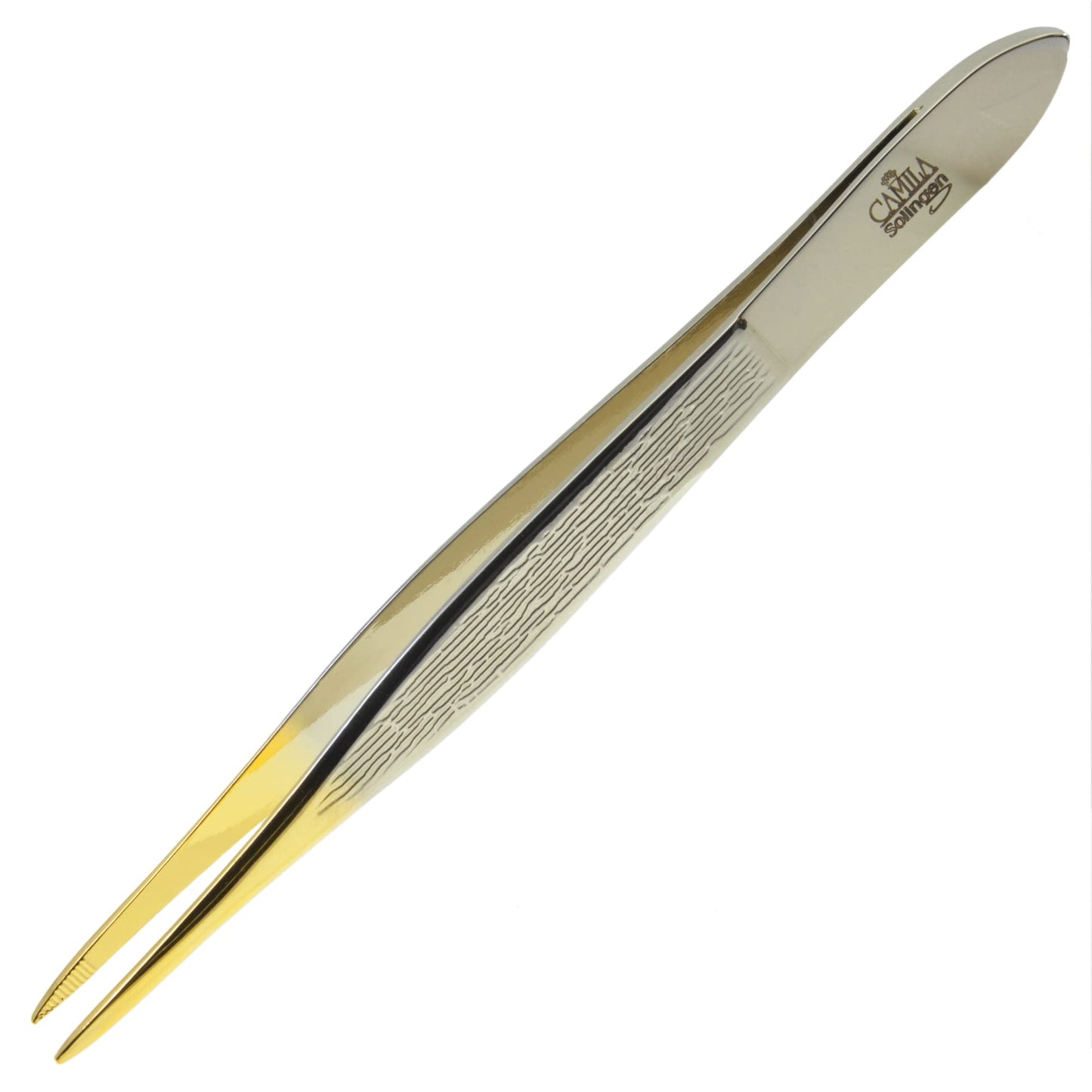 Camila Solingen CS32 3 1/2" Gold Tipped, Surgical Grade, German Carbon Steel Tweezers (Pointed) - Flawless Eyebrow and Facial Hair Shaping and Removal for Men/Women