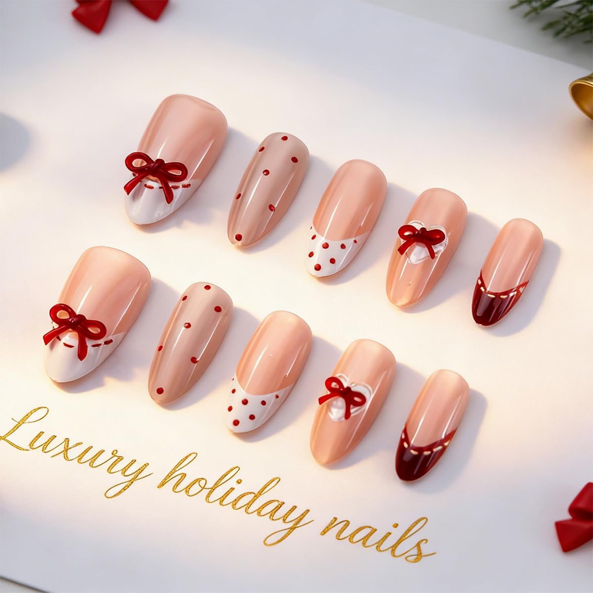 French Tip Press-On Nails - Medium Almond Red Bow Design | Reusable Pink Acrylic 30 Pcs