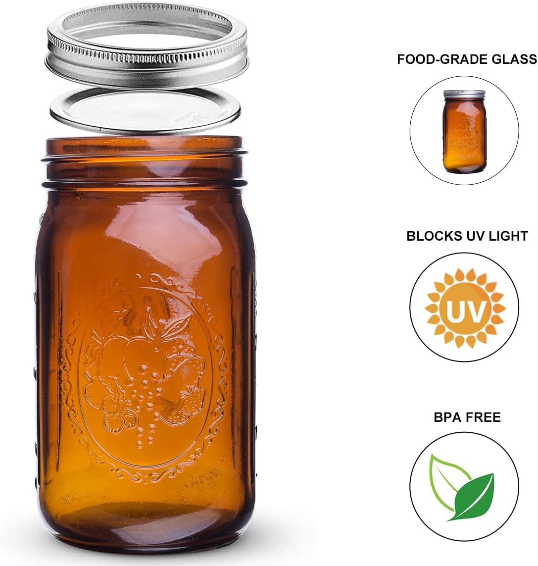 Amber Glass Mason Jars - 32 oz Wide Mouth Canning Jars with Airtight Lids | 6 Pack for Pickling & Fermenting