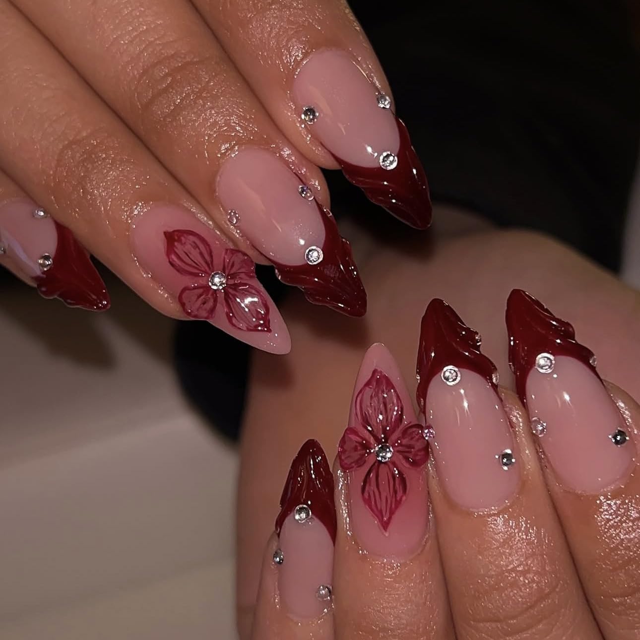 Red French Tip Press-On Nails - Almond Shape with 3D Crystal Designs | 24 Pcs Reusable Nail Kit for Manicure