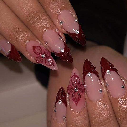 Red French Tip Press-On Nails - Almond Shape with 3D Crystal Designs | 24 Pcs Reusable Nail Kit for Manicure