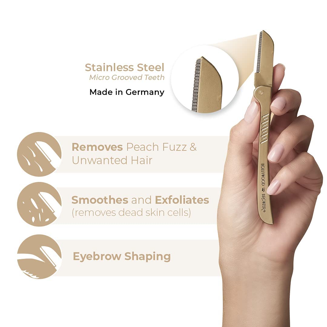 Hollywood Browzer Hair Removal and Dermaplaner Duo - Peach Fuzz and Eyebrow Razor for Women - Eyebrow Grooming Kit - Gold - 2 pc
