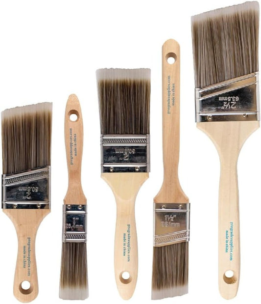 Pro Grade Paint Brushes - 5-Piece Set for Walls, Trim & Cabinets | Flat & Angle Brushes for Latex & Oil Paints