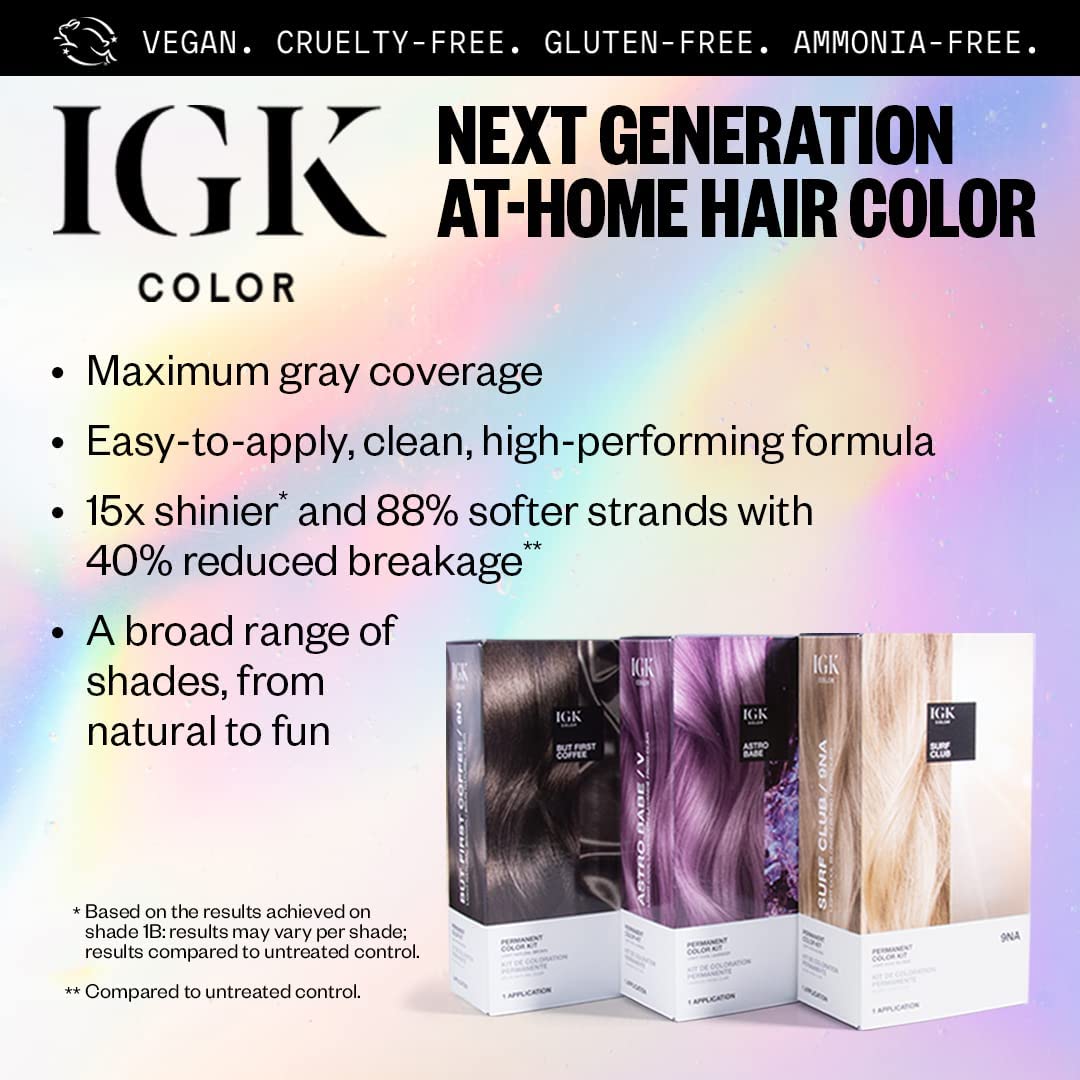 IGK Permanent Hair Dye Color Kit - V Astro Babe Light Cool Lavender | 100% Gray Coverage, Strengthens & Adds Shine