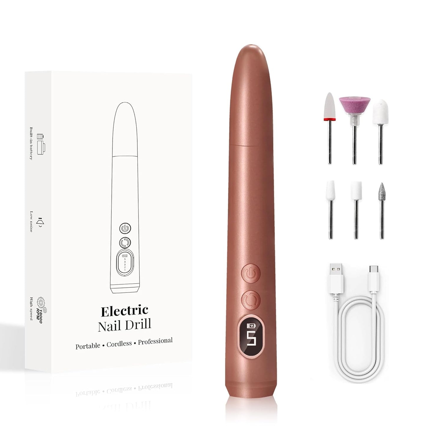Nail Drill Kit for Beginners - Cordless Rechargeable with 5 Speeds & LED Light | Lightweight Grip (Gold)