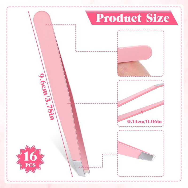 16 Pcs Pink Tweezers Set, Slanted Eyebrow Tweezers for Women Facial Hair Stainless Steel Slanted Tip Tweezer with Cover Pink Precision Tweezer Bulk for Ingrown Hair, Eyebrows, Lash Extension