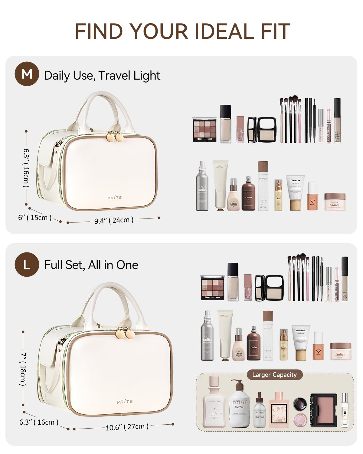 Prite Makeup Bag for Women, Large Capacity Waterproof Travel Cosmetic Organizer, Portable Open Flat Toiletry Bag with Free-standing Brush Holder and Handle(Beige Medium)