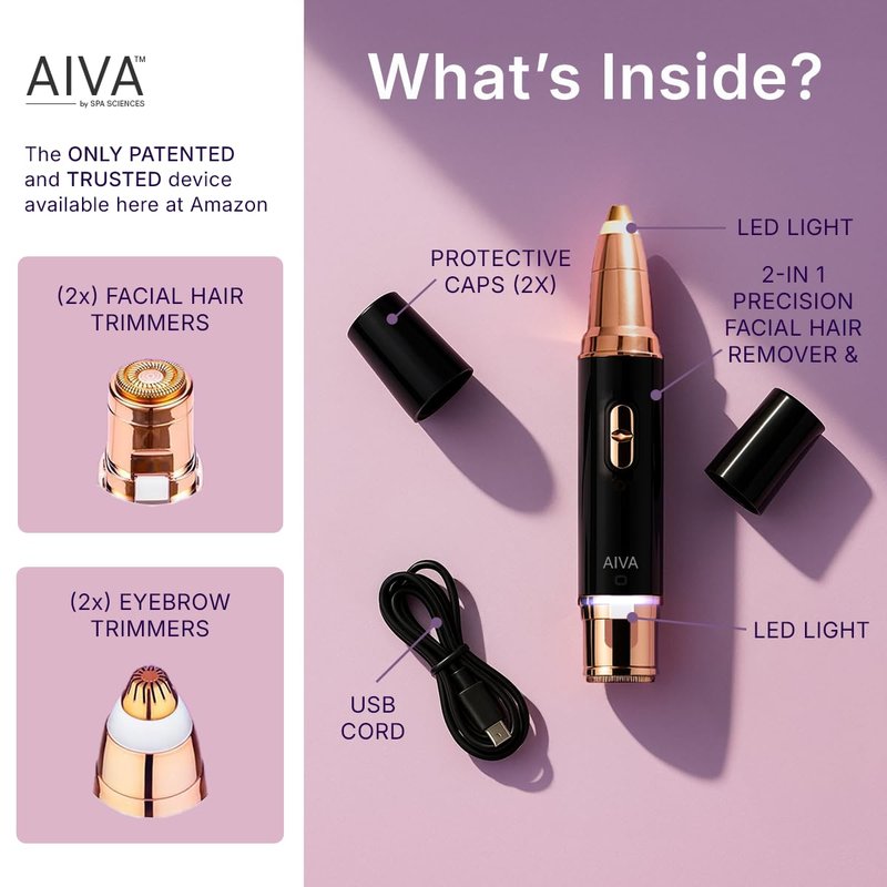 SPA SCIENCES - AIVA Deluxe – Patented Dual 2-in-1/Double Sided Facial Hair Remover & Eyebrow Trimmer USB Rechargeable with Built-in LED Lights & 2 Extra Replacement Heads