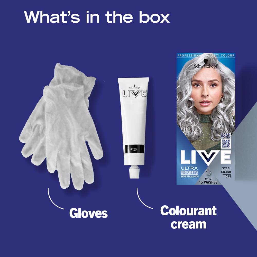 Schwarzkopf LIVE Ultra Brights Steel Silver Semi-Permanent Hair Dye 098, Silver Hair Dye for Bright or Pastel Hair Colour, Vibrant Colour Lasts up to 15 Washes