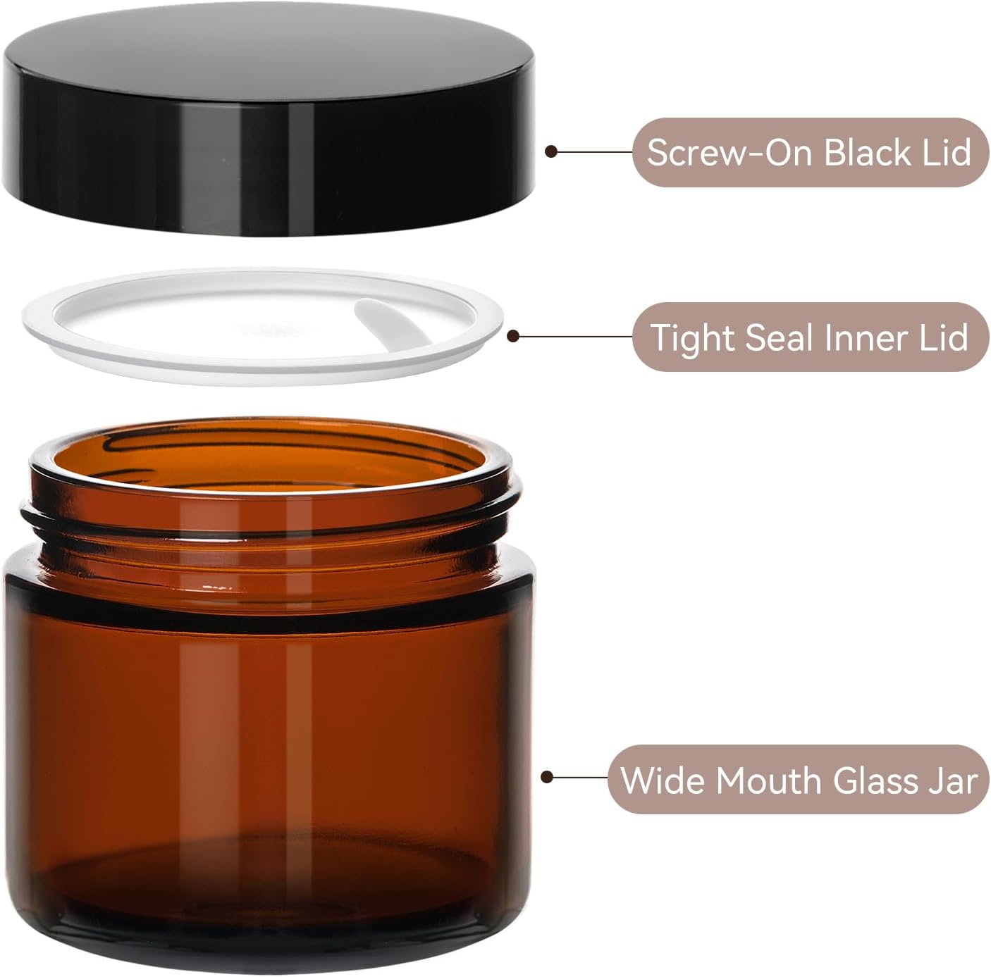 Airtight Amber Glass Jars - 2 Oz Small Cosmetic Containers | 12 Pack for Lotions, Creams, Candles