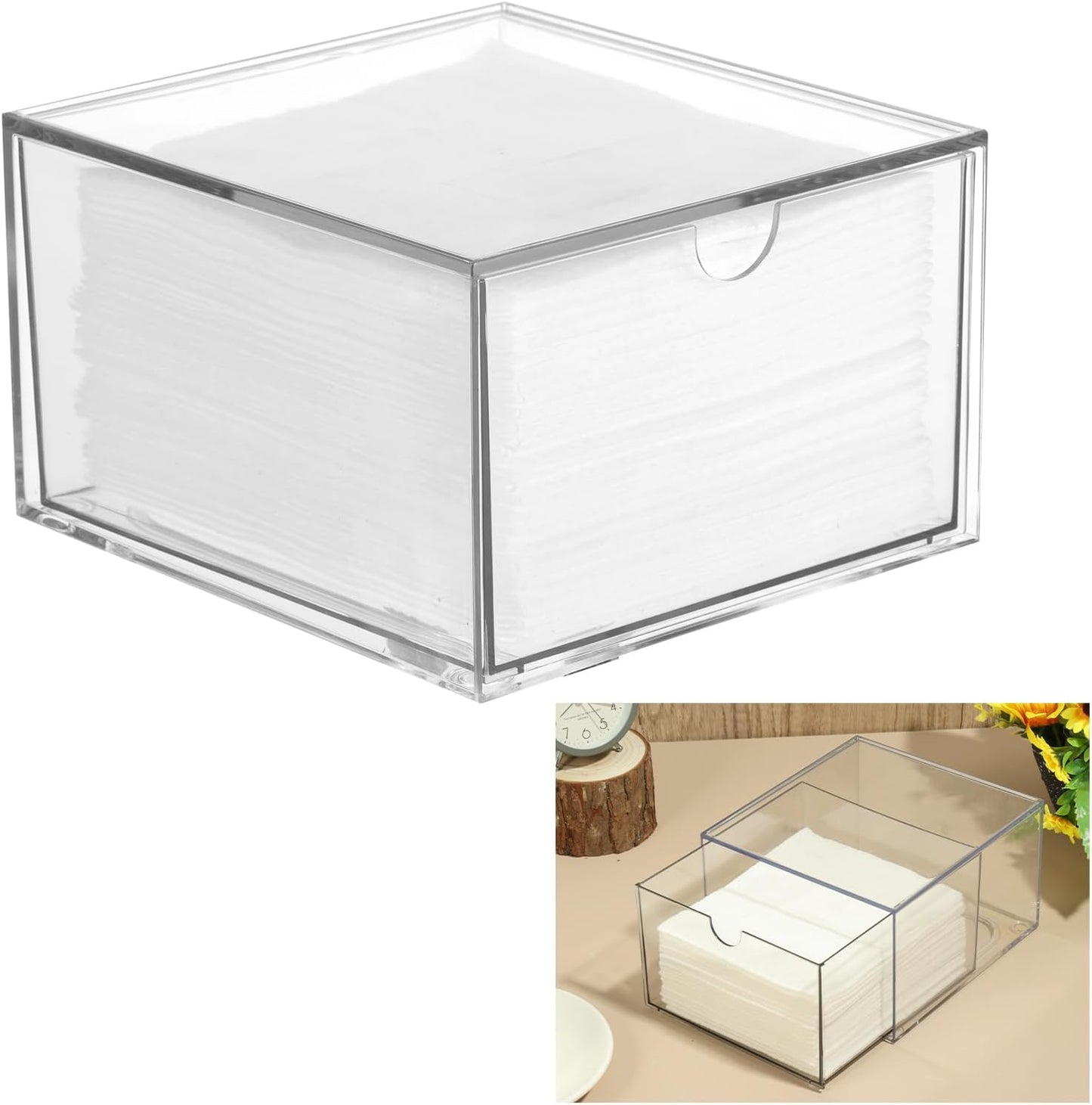 Disposable Face Towel Holder - Stackable Clear Makeup Organizer with Drawer for Vanity | Bathroom Storage Solution