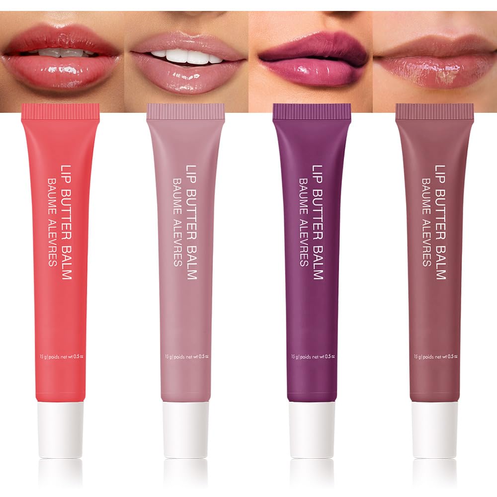 4 PCS Butter Lip Balm – Ultra-Hydrating Lip Care with Shea Butter & Olive Oil, Soothes Dry Lips with Natural Tint & Gloss Effect, Lip Plumper Moisture & Light Lip Stain Finish Set 02