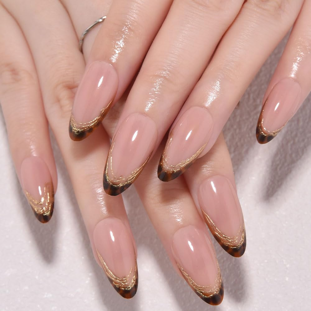 3D Gold Line French Tip Press-On Nails - Short Almond Glitter Light Nude | Handmade Acrylic Nails with 3D Pearl Designs