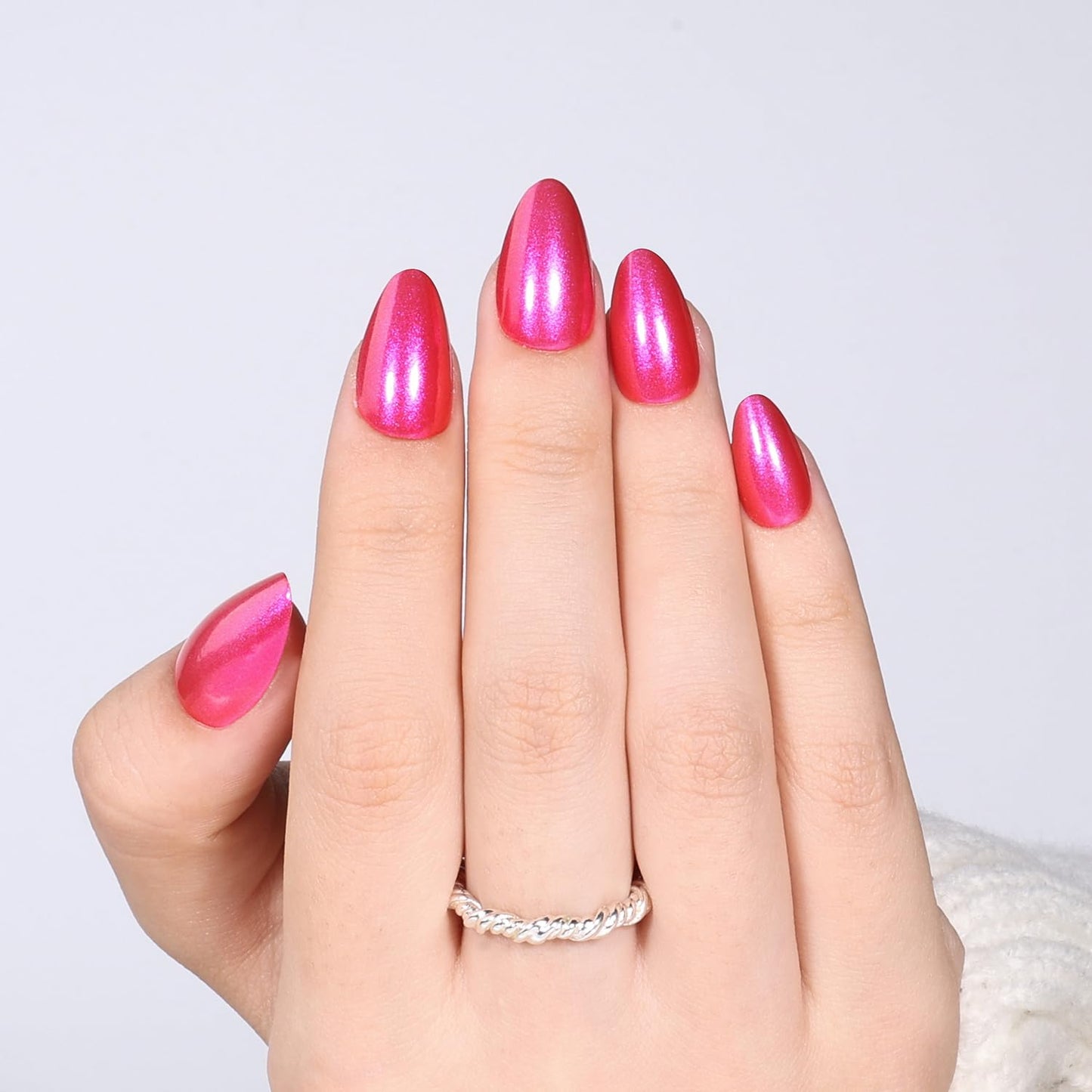 French Tip Press On Nails - Glossy Pink Almond Reusable Fake Nails | 32 Pieces in 16 Sizes with Glue