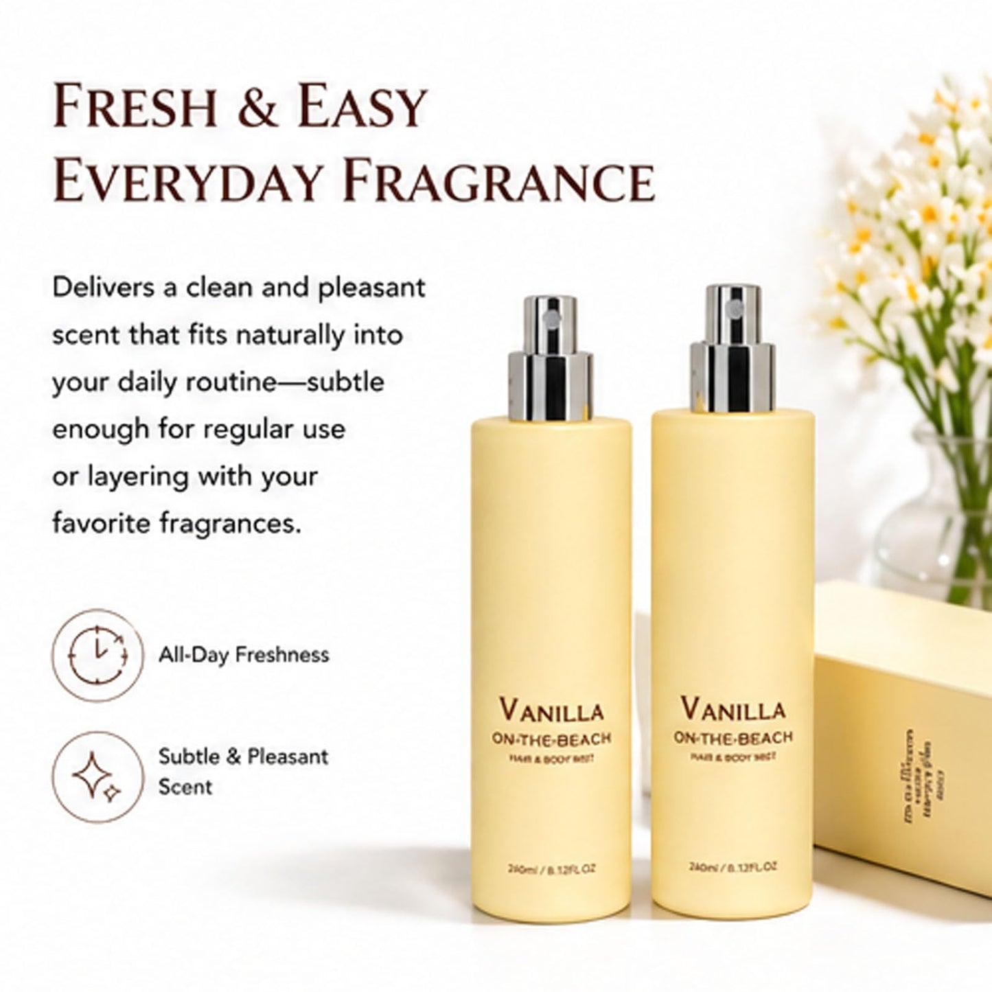 Vanilla on the Beach Hair and Body Mist, Warm Vanilla Coconut Fragrance Spray, Natural Vanillas & Beachscent, Long-Lasting Fresh Fragrance (2Pcs)