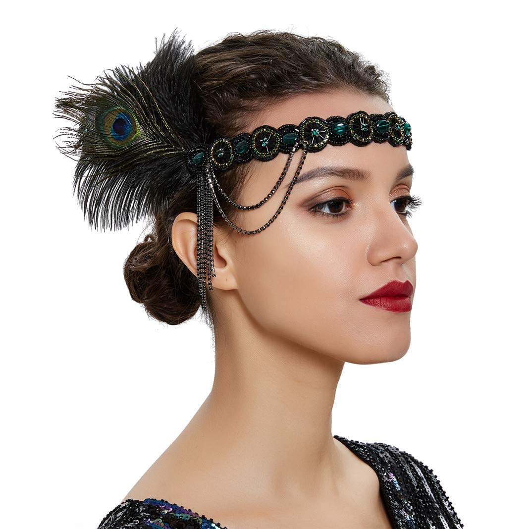 Lovfingu Art Deco 1920s Flapper Headband Feather Roaring 20s Great Gatsby Headpiece for Women Hair Accessories H-Green