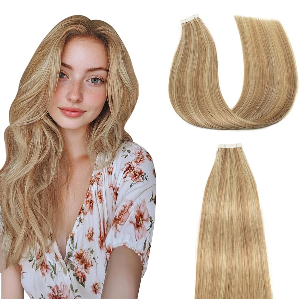 P27/613 Highlight Tape in Extensions Human Hair 14 Inch Honey Blonde Straight Tape in Seamless Extensions Real Human Hair Skin Weft Seamless Invisible Remy Hair 40g 10Pcs.