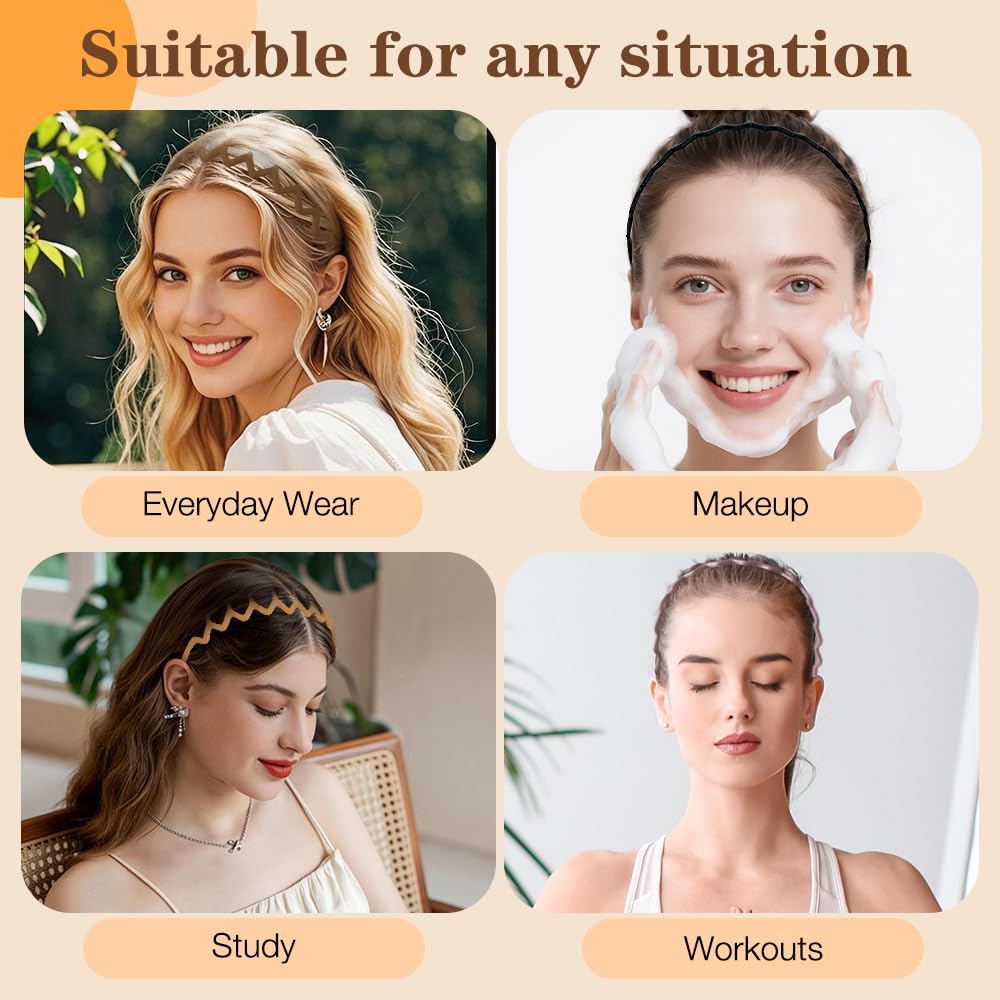 Zig Zag Headbands for Women - Non-Slip Plastic Hair Bands | 6 Pack 90s Retro Style Accessories