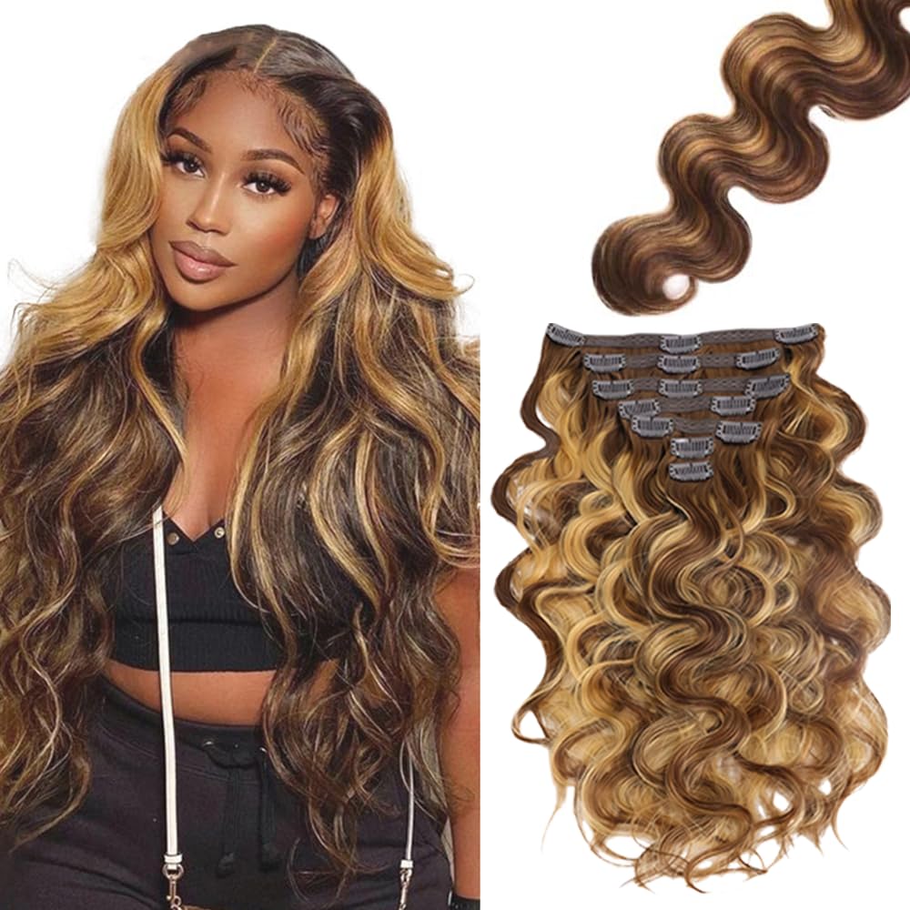 P427 Blonde Clip in Hair Extensions Real Human Hair, 30 Inch 120g/7Pcs,Full Shine Remy Human Hair,Highlight Brown Body Wave Clip ins Brazilian Virgin Human Hair Extensions