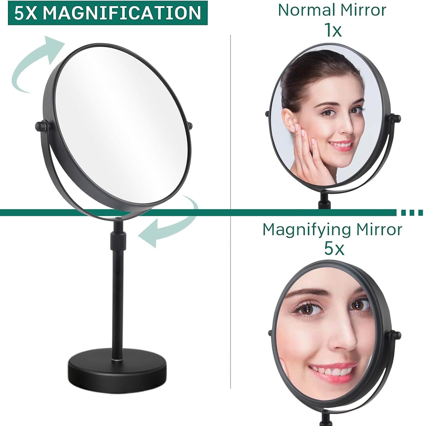 Adjustable 8-Inch Makeup Mirror - 5X Magnification, Double-Sided, Matte Black Finish | Perfect for Countertop Use