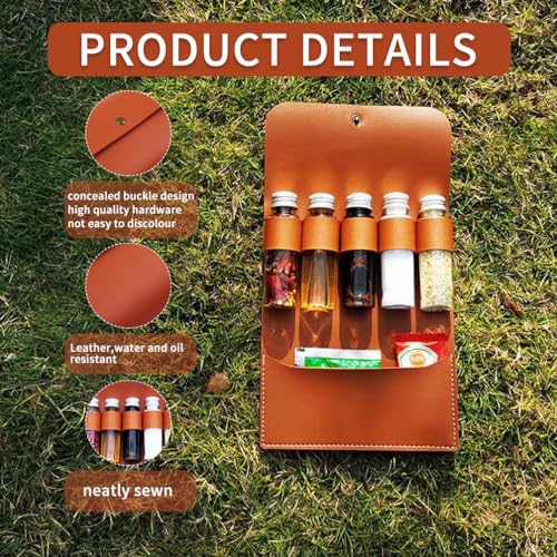 Camping Spice Kit with 5 Jars & Leather Holder - Travel Seasoning Set