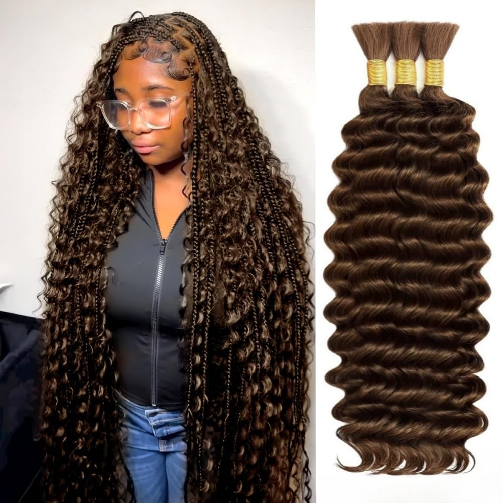 Human Braiding Hair for Boho Braids 120g Deep Water Wave Boho Bulk Human Hair for Knotless Braiding Curly Wet and Wavy Bohemian 100% Virgin Hair Extensions No Weft 3 Bundles/Pack Natural Brown