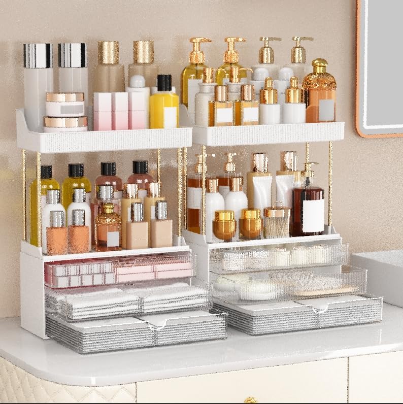 Bathroom Counter Organizer - 2 Pack Makeup Storage with 3 Drawers | Clear Cosmetic Drawer for Vanity & Dresser