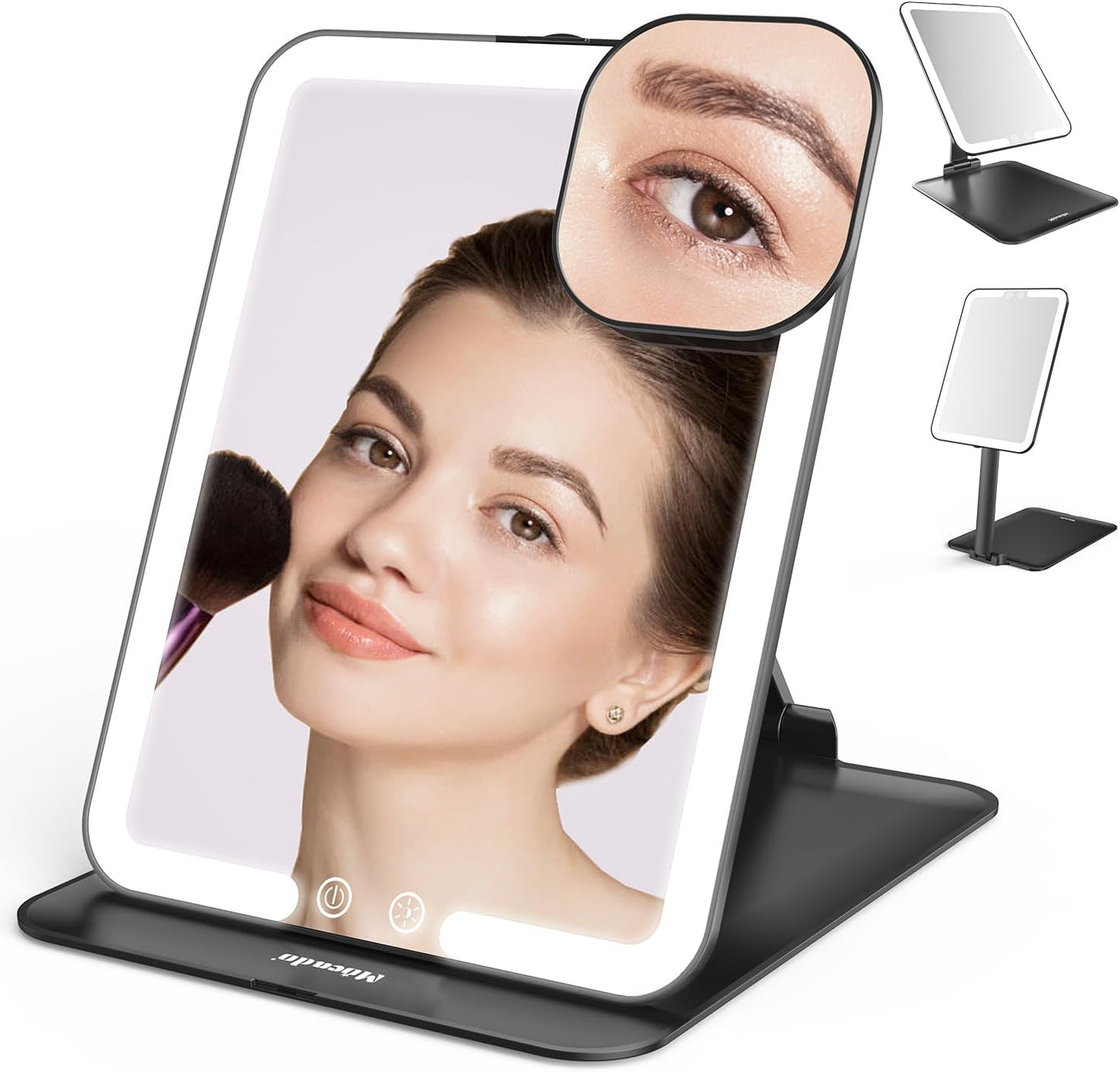 Mocado Travel Makeup Mirror - Lighted Triple Folding Vanity Mirror with 3 Color Settings | Rechargeable 1500mAh Battery, Adjustable Height & Angle (Black)