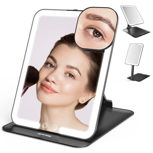 Mocado Travel Makeup Mirror with Light, Tripple Folding Vanity Mirror with Lights, 3 Colors Lighted Makeup Mirror, 1500mAh Rechargeable, Memory Function, Freely Adjust Height and Angle(Black)