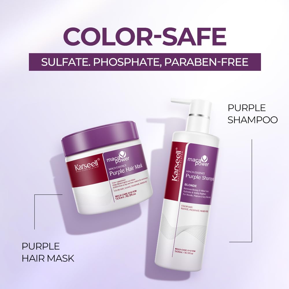 Karseell Purple Hair Mask & Shampoo Set - Neutralizes Brass & Yellow Tones for Blonde, Gray, Silver Hair | 2 x 16.9 fl oz