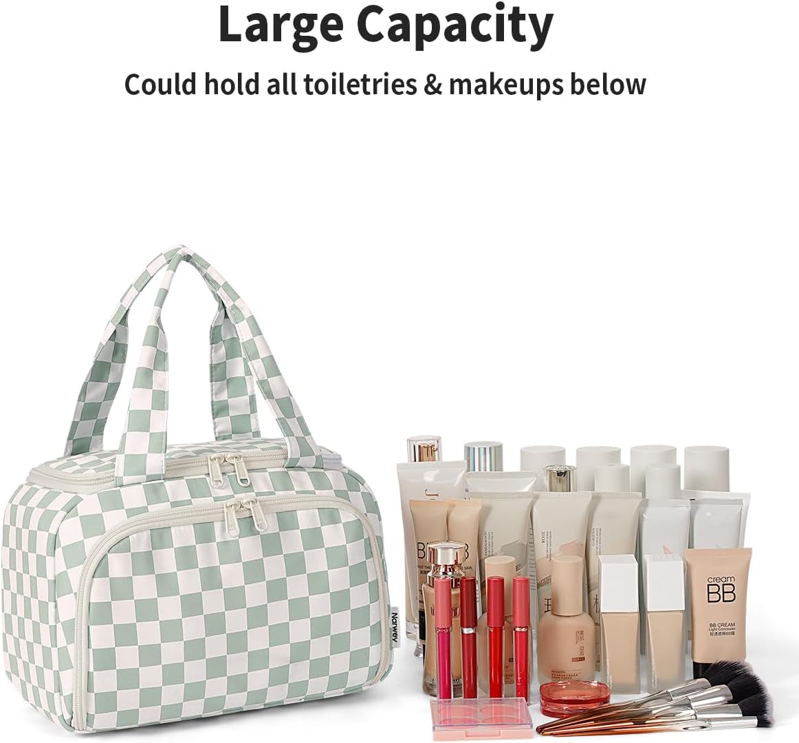 Checkered Travel Toiletry Bag - Large Makeup Organizer with Handle | Mint Green Checkerboard