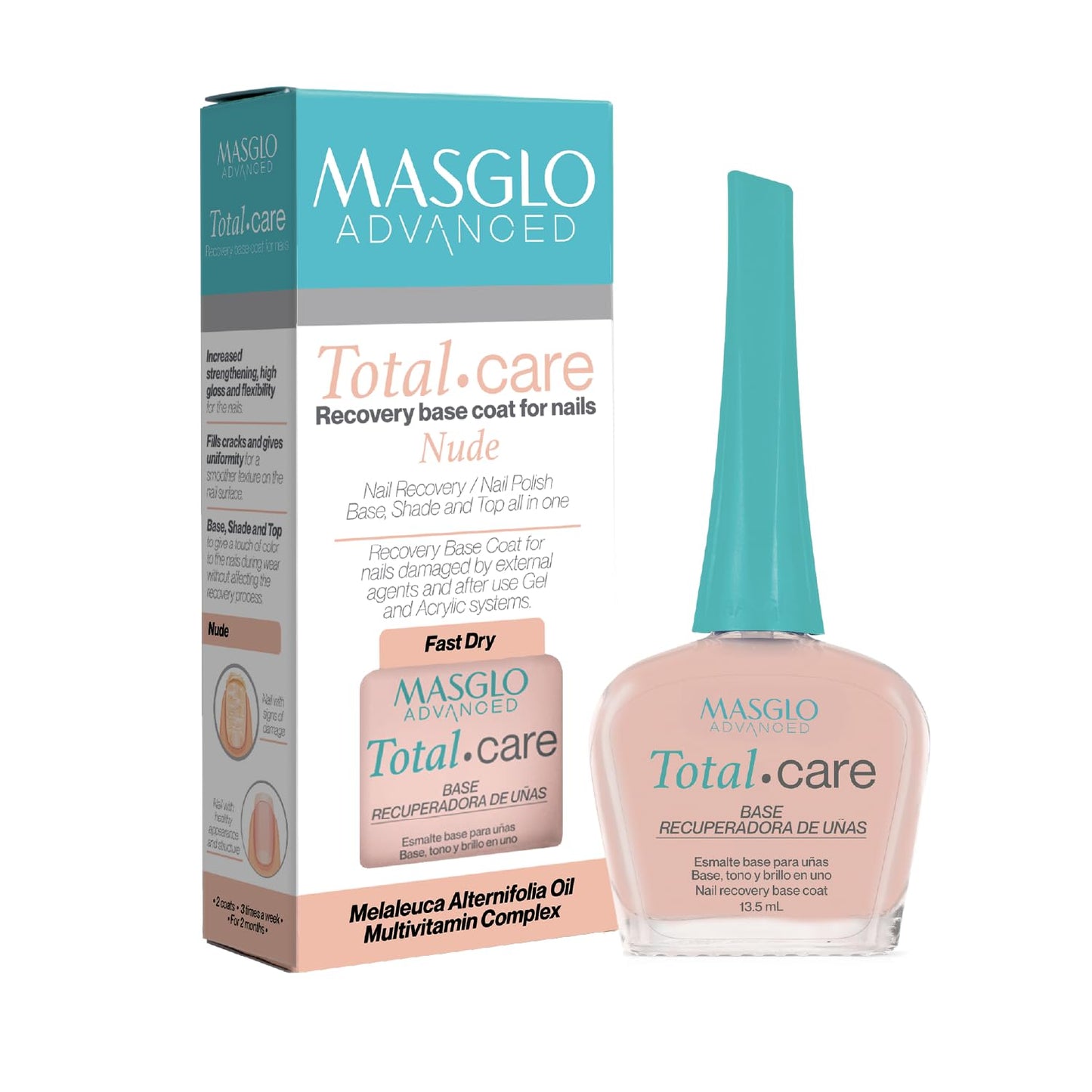 MASGLO Nail Strengthener - Advanced Post Gel Damage Recovery Treatment with Tea Tree Oil & Vitamins | 13-Free Vegan, Fast-Dry, Nude Tone