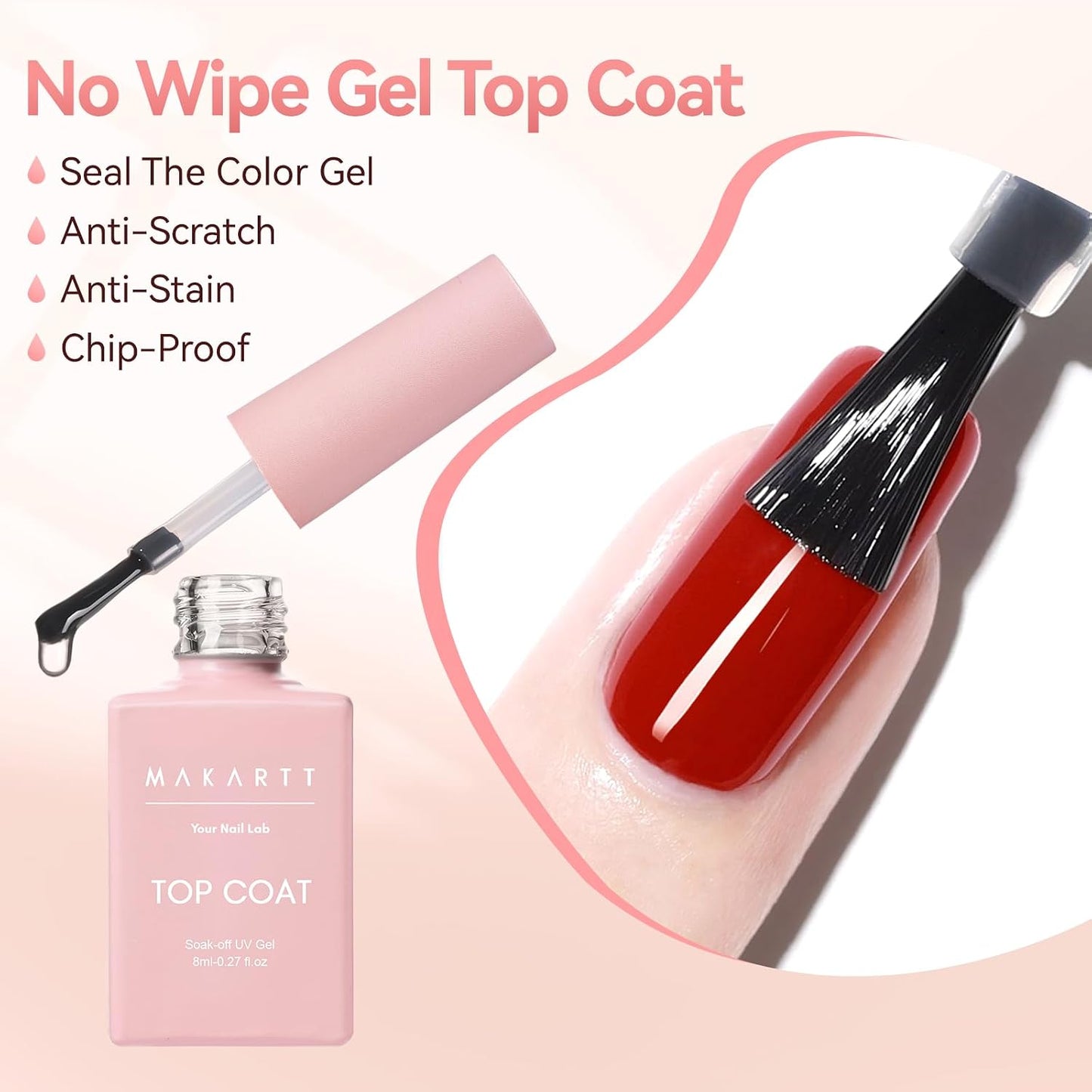 Gel Top Coat - 2PCS No Wipe Nail Polish for Long-Lasting Glossy Finish | Clear, Non-Yellowing, Soak Off with UV/LED Lamp