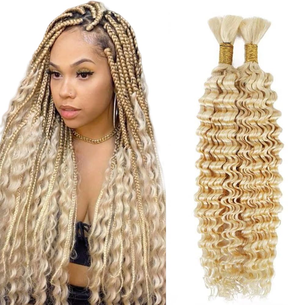 26 26 Inch #613 Blonde Human Braiding Hair for Boho Braids 2 Bundles 50g/Bundle Deep Wave Bulk Human Hair Knotless Boho Braiding Honey Blonde Deep Water No Weft Extensions Bohemian Braids
