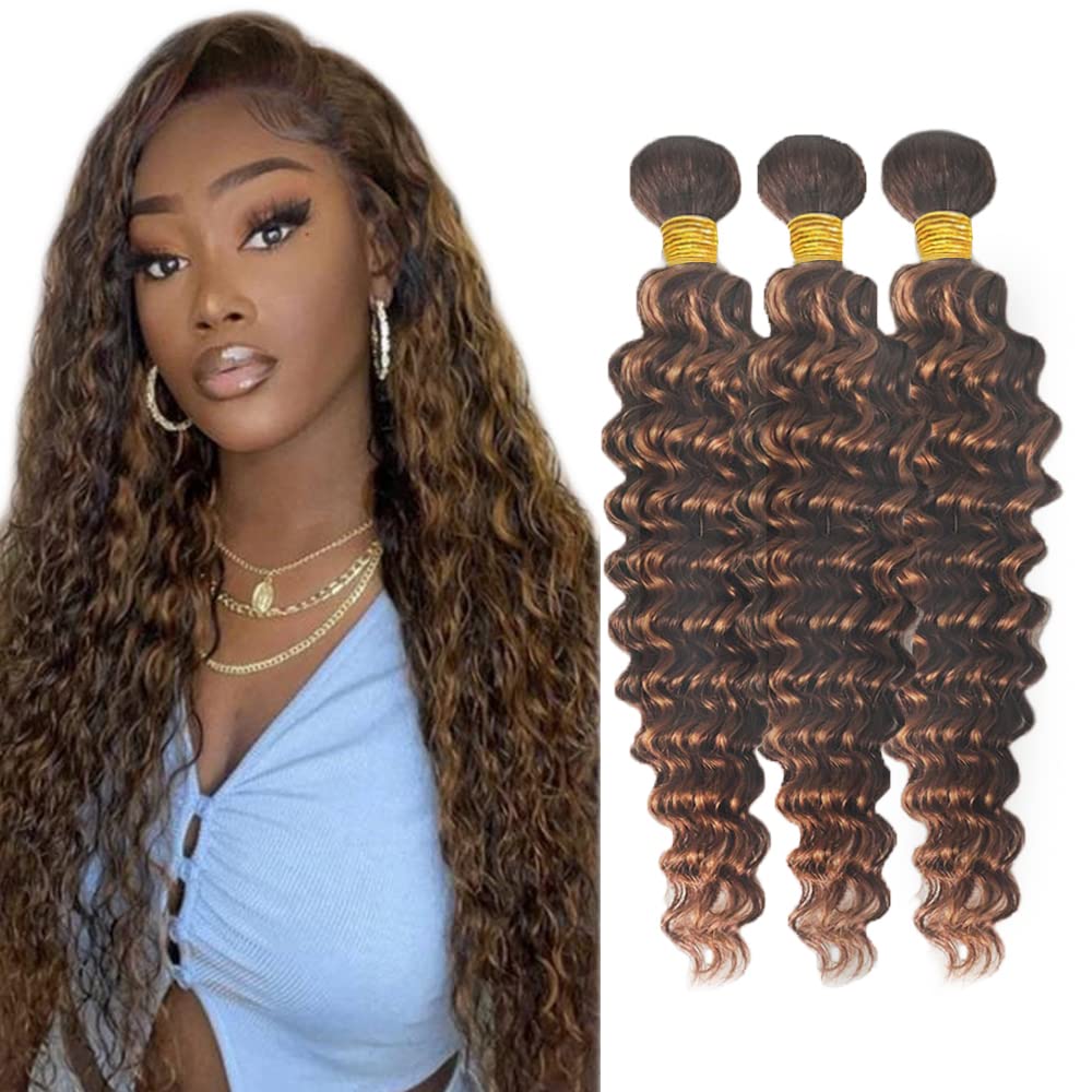22 22 22 Inch P4/30 Brown Bundles Human Hair Deep Wave 3 Bundles 100 Grams/Bundle 10A Grade Unprocessed Brazilian Virgin Hairs Highlight Chocolate Brown Bundles Weaves Hair Extensions For Women