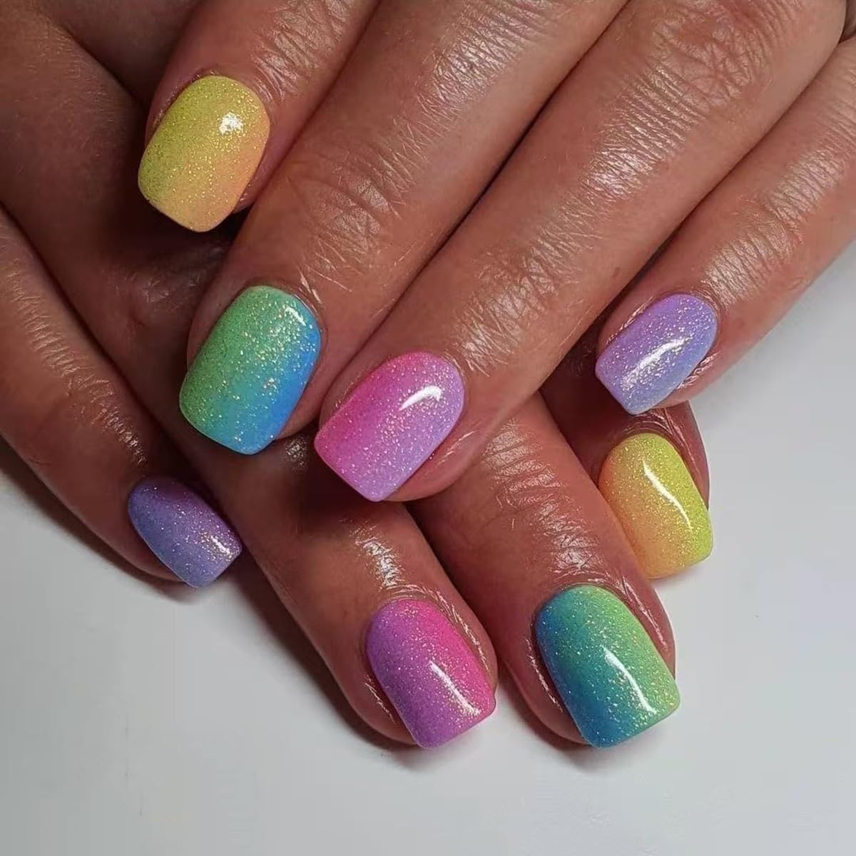 Summer Ombre Press-On Nails | Short Square Acrylic Nail Tips in Rainbow Colors - 24 Pcs Reusable Full Cover Set