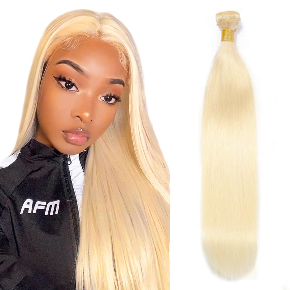 AuokMar Blonde Bundles Human Hair 613 Straight Bundles 16 inch 50g Double Weft 8A Grade 613 Blonde Straight Bundle Human Hair Extensions