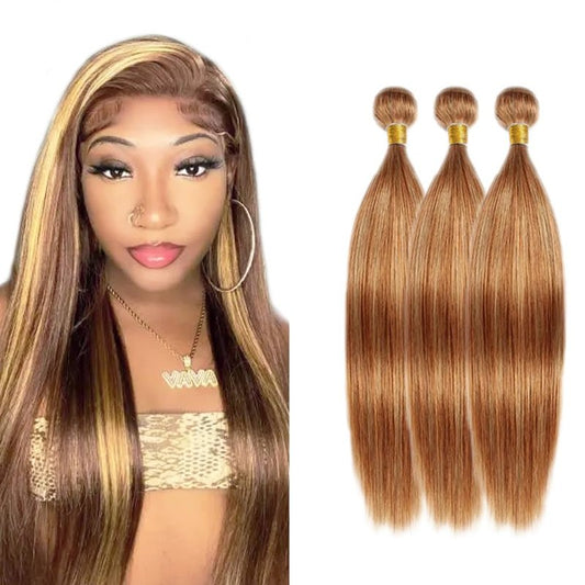 Blonde Human Hair Bundles P27/30 Straight Bundles 24 24 24 Inch Brazilian Virgin Soft and Silky Remy Hair Extensions 2 Tone Honey Blonde and Light Brown Bundle Double Weft Hair Weave