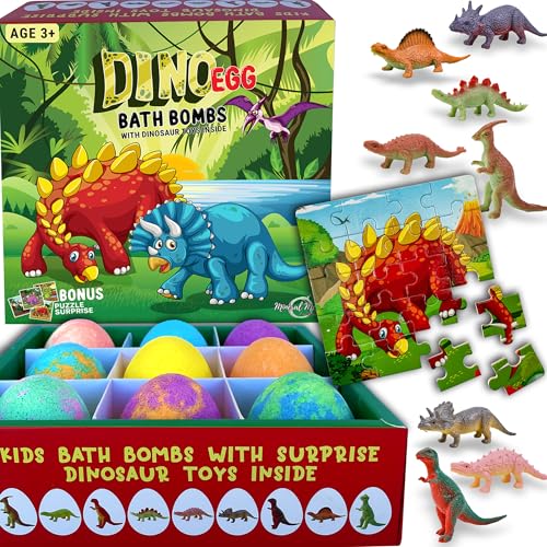Mineral Me Dino Egg Bath Bombs for Kids with Surprise Toy & Wooden Puzzle (Dino Egg)