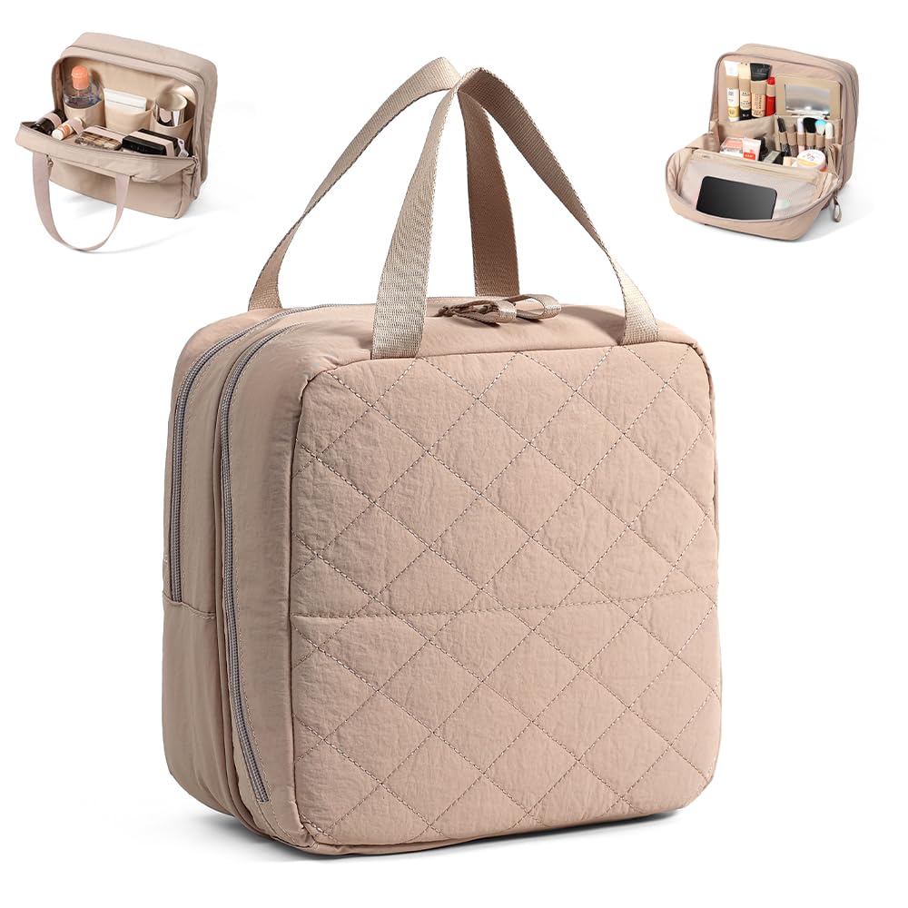 Geerlaqaly standing makeup bag, toiletry Bag 2-in-1 Women's Large Capacity Foldable Travel Makeup Storage Bag, Dry wet separation layer,Portable,khaki