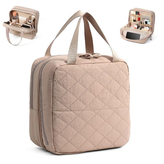 Geerlaqaly standing makeup bag, toiletry Bag 2-in-1 Women's Large Capacity Foldable Travel Makeup Storage Bag, Dry wet separation layer,Portable,khaki