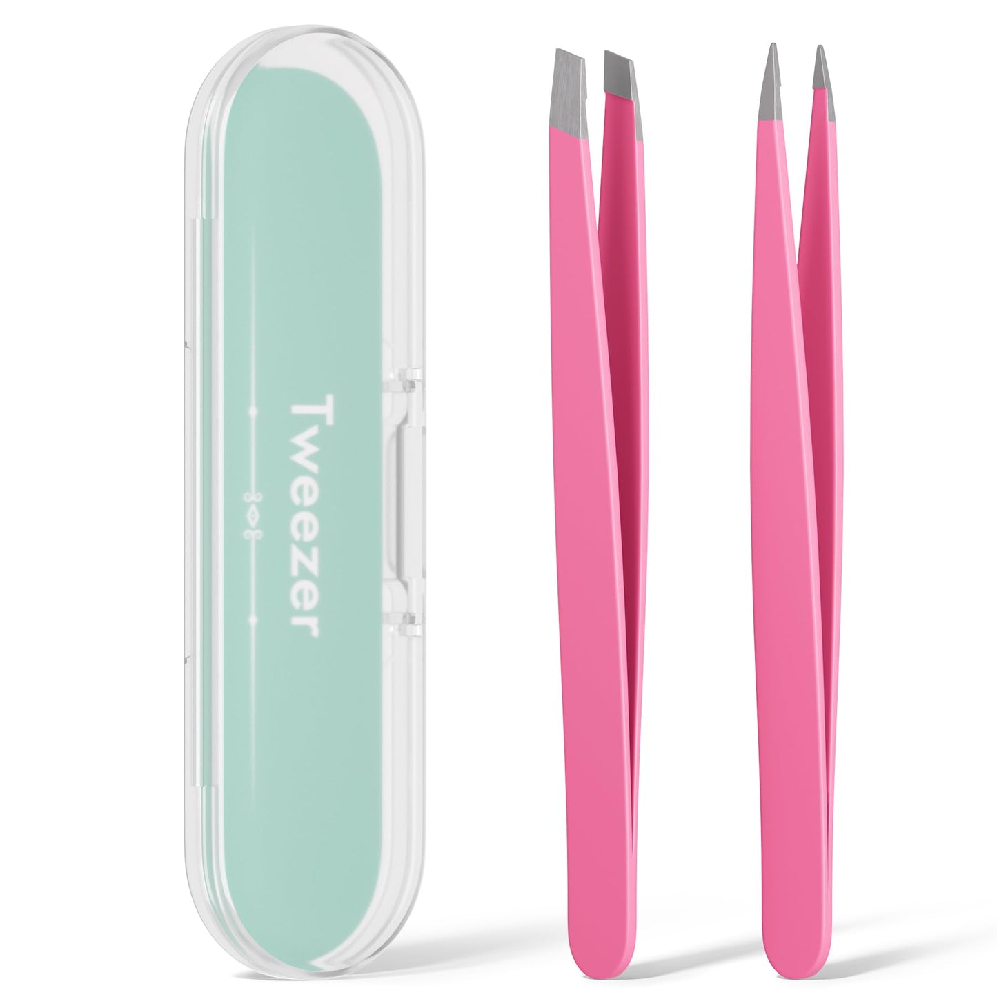 EZ2LIVE Tweezers for Women Facial Hair, Slant & Pointed Tweezers for Eyebrows, Ingrown Hair, Splinter Removal, 2 Pack Tweezer Set, Professional Stainless Steel Eyebrow Tweezers for Men and Women, Pink