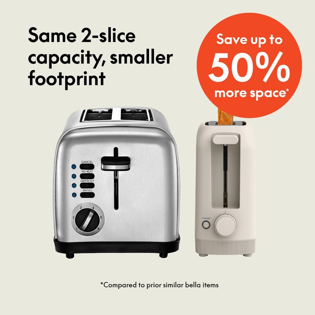 Bella 2 Slice Slim Toaster - 6 Setting Shade Control, 10” Long Slot, Anti-Jam & Auto Shutoff, Oatmilk Color