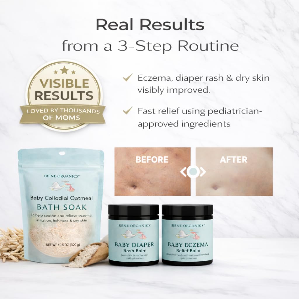 Irene Organics Baby Skincare Complete Routine Bundle – Colloidal Oatmeal Bath Soak, Eczema Relief Balm, Diaper Rash Balm & for Sensitive Skin, Newborns, Infants & Toddlers