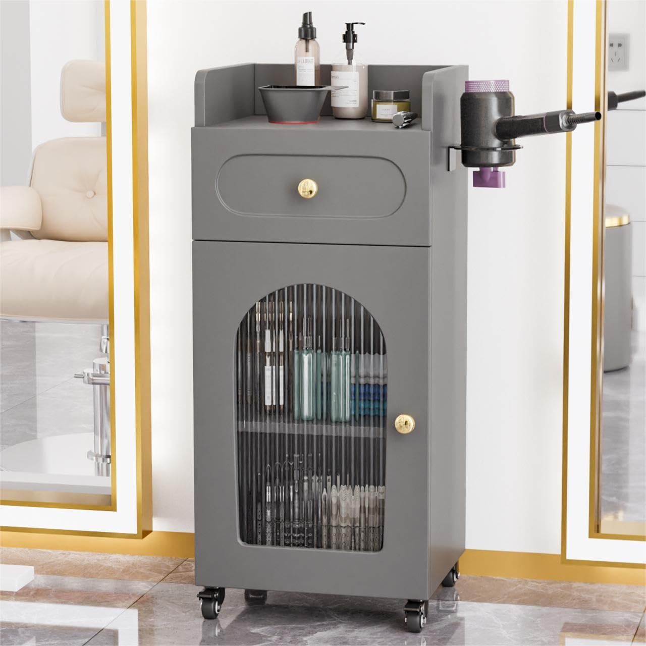 Salon Cart - 3-Tier Rolling Beauty Trolley with Wheels | Adjustable Shelf, Glass Door & Hair Dryer Holder (Gray)