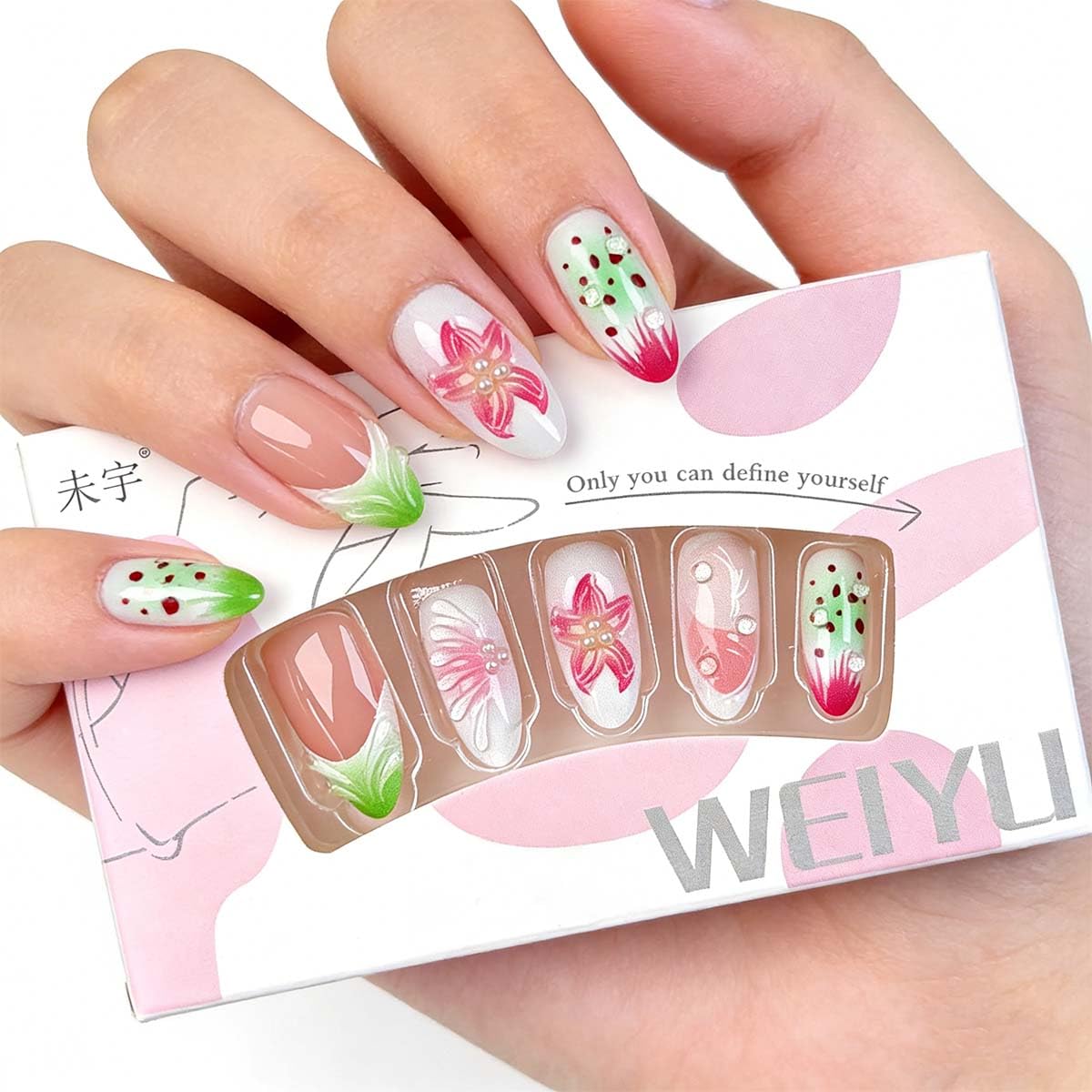 Flower Press-On Nails - Medium Almond Shape with 3D Floral Design | Glossy Acrylic Full Cover for Spring & Summer