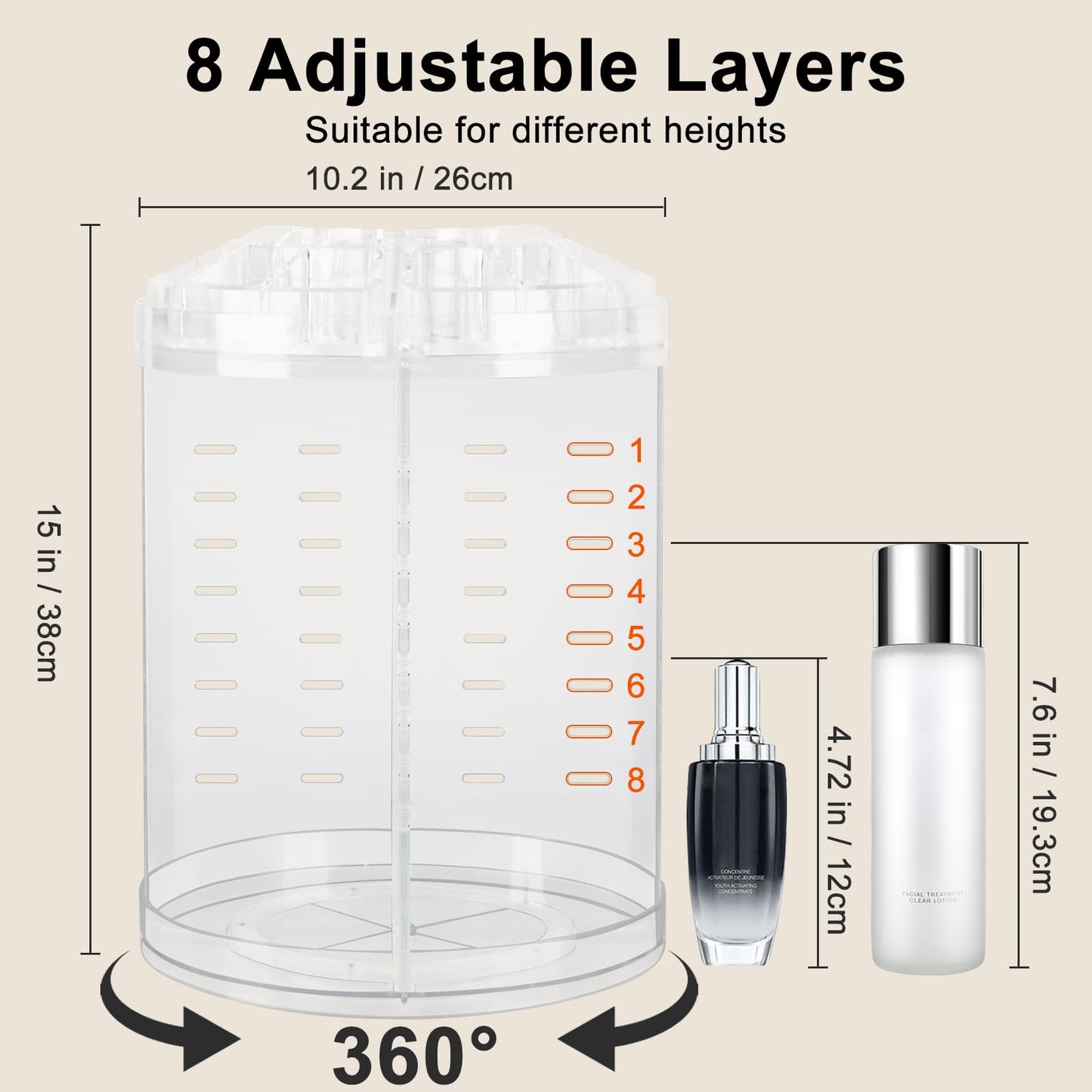 AMEITECH Makeup Organizer, 360 Degree Rotating Adjustable Cosmetic Storage Display Case with 8 Layers Large Capacity, Fits cosmetics, Makeup Brushes, Lipsticks and More, Clear