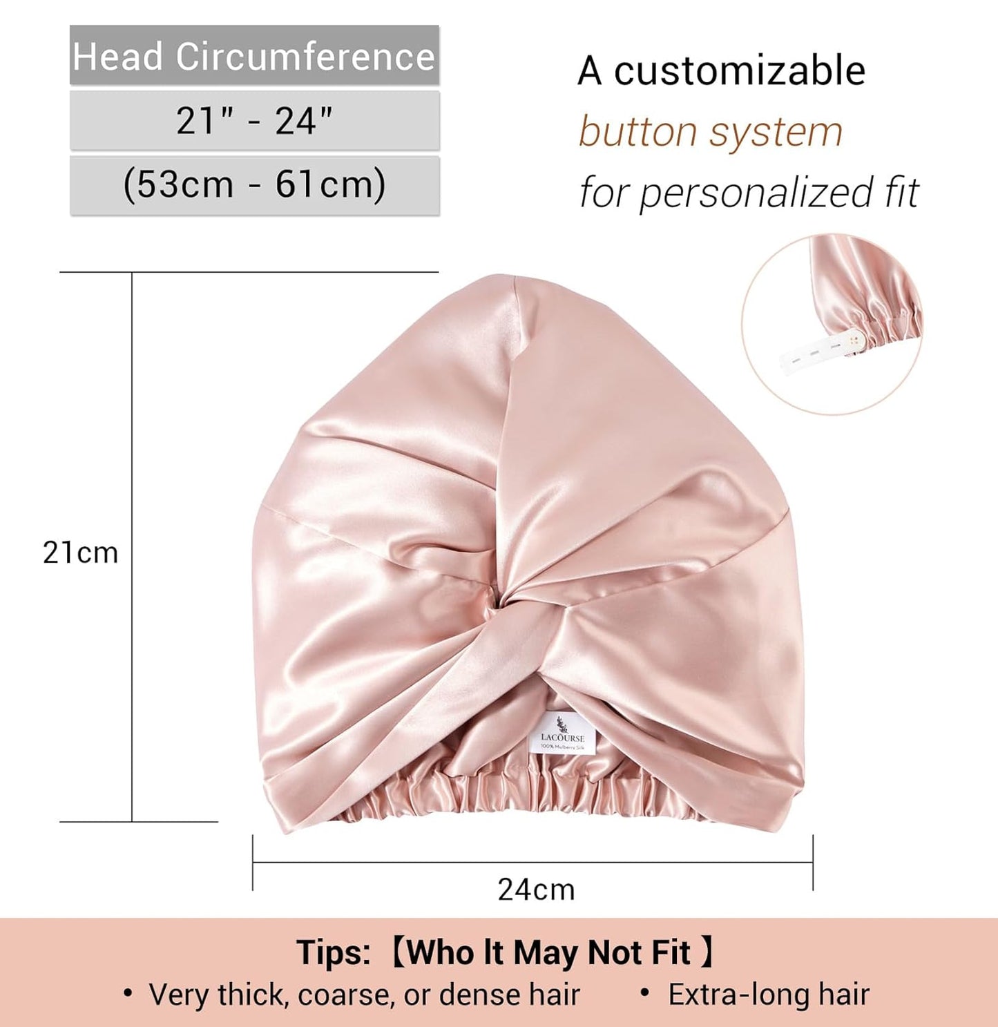 22 Momme 100% Mulberry Silk Bonnet - Anti-Slip Double-Layered Design for Curly Hair | One Size (21-24 Inch) - Pink