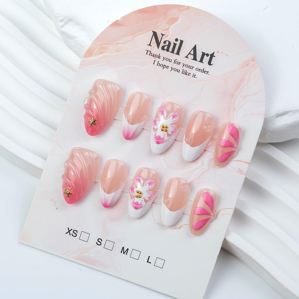30Pcs Pink Press-On Nails - Almond Medium French Tip with 3D Flower & Gold Bead Design | Glossy Reusable Acrylic for Women