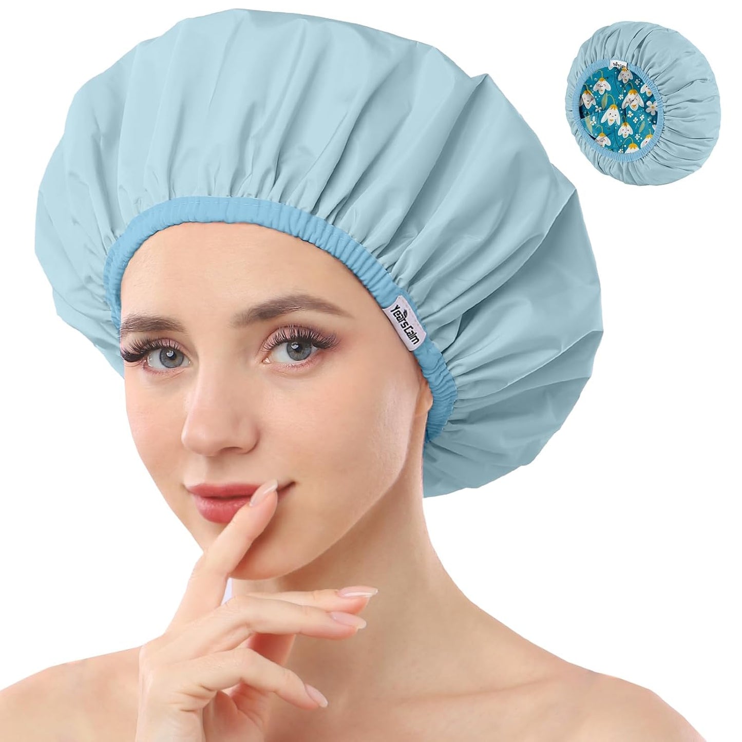 Reusable Waterproof Shower Caps for Women - Double Layer, Reversible Design | Soft Elastic Keeps Hair Dry